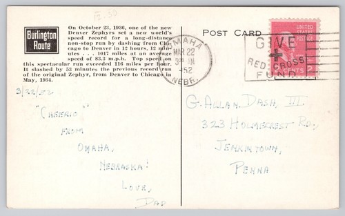 Die Denver Zephyrs dieselbetriebener Edelstahlzug Nebraska 1952 Postkarte - Bild 2 von 2