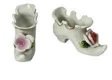 Collectible Vintage Miniature Shoes White Porcelain Pink  Rose Floral 3  