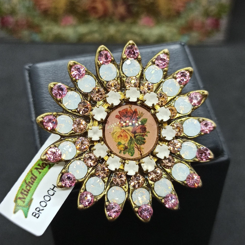 Broche Michal Negrin Rosa Grande Girasol Camafeo y Cristales Prendedor Firmado Regalo Nuevo Foto 2 de 4