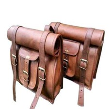 Motorcycle Roll Top Brown Leather Side 2 Bag Pouch Saddlebags Panniers Saddle