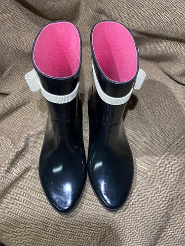 Kate Spade Paloma Black Heeled Rain Boot with Ivory Bow and Pink Lining Size 9 - 第 1/7 張圖片