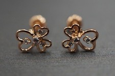 14K Solid Rose Gold Women Children Love Three Heart Screw Back CZ Earring.