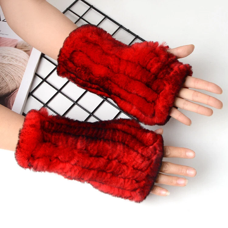 Real Rex Rabbit Fur Women's Gloves Mittens Girl Fingerless Wrist Warmer Elastic
