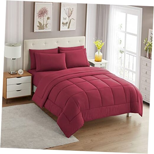 7 Piece Comforter Set Bag Solid Color All Season Soft Down Twin 1 Burgundy