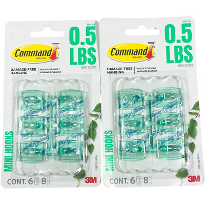 3M Command Damage Free Hanging Mini Hooks 6 Pack Green .5 Pounds - LOT of 2