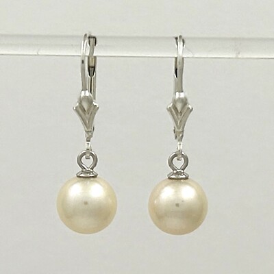 Sterling Silver 8 8.5mm White Pearl Fleur De Lis Leverback Earrings
