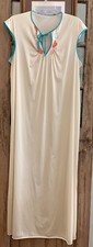Vintage JC Penney Long Nightgown Ivory Nylon Peach Teal Floral Embroidery Med