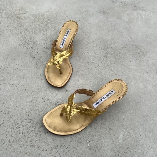 Manolo Blahnik |Rare Vintage Gold Metallic Leaf Flip-Flop Thong Mules Kitten(34) - Picture 8 of 10