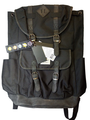 Benrus Rucksack Drawstring Backpack Front Pouch Travel Bag Leather Base Black