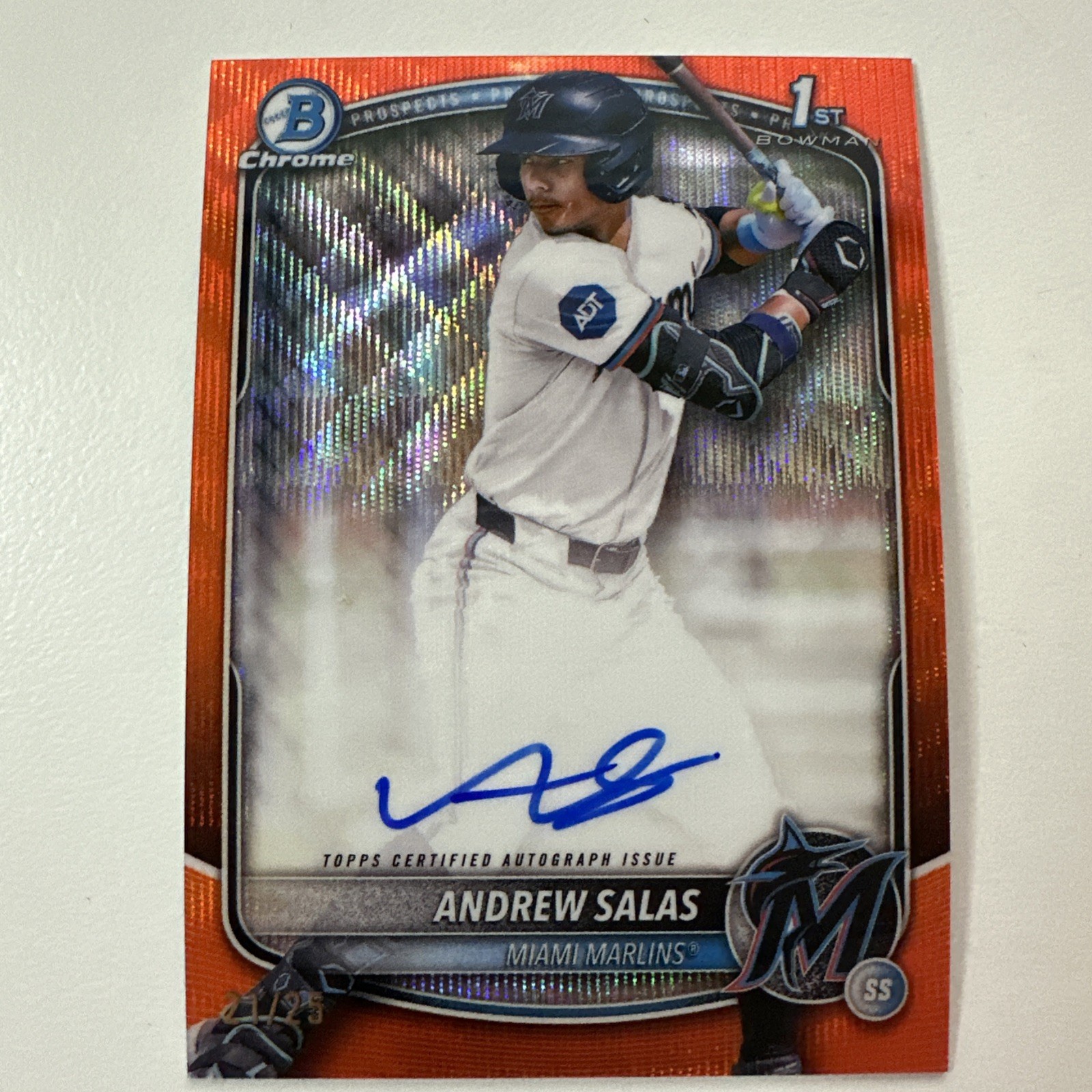 Andrew Salas 2025 Bowman Chrome 1st Auto Orange Ray Wave 21/25 CPA-AS.. Marlins