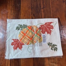 Harvest Plaid Pumpkin Embroidered Fall Placemats Set Cream Autumn Leaves K49328