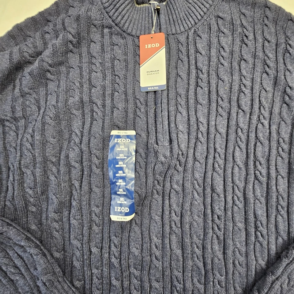 New Izod Durham Men’s 3XL Blue Cable Knit 1/4 Zip Sweater Cotton - Image 4 of 4