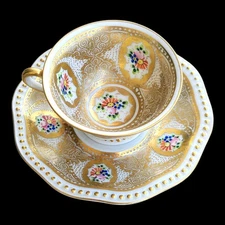 Antique Porzellanfabrik Schlaggenwald Hand Painted Gilded Demitasse Saucer Set