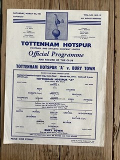 4 March 1961 Tottenham Hotspur A v Bury Town ECLC Semi Final single sheet