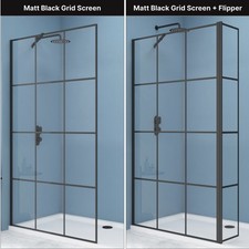 Matt Black Grid Walk In Wet Room Shower Enclosure Screen Flipper Glass Panel