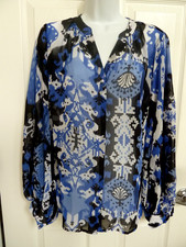CHICO'S Sz 1.5 10 Med. Sheer Balloon Sleeve Blouse Button-Up Office Business