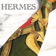 Unused with a defect   HERMES Scarf Pattern   Horse Pattern Green x Orange Tie