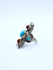 Old Native American Tibetan Turquoise Red Coral Sterling Silver 925 Ring