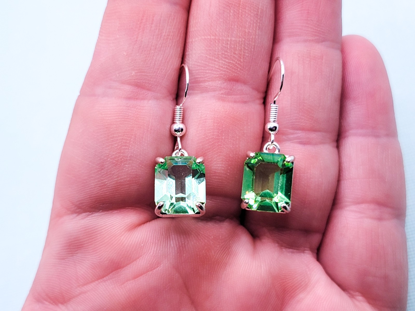 Sterling Uranium Glass Earrings Dangle Emerald Cut Green 925 Silver