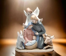 Ceramic Angel With Holy Family Nativity Figurine, Christmas Décor, Religious Déc