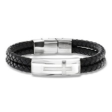 Ross-Simons Men's Stainless Steel Cross Bracelet with Black Leather. 8 inches