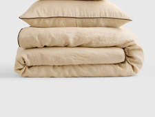 NWT QUINCE EUROPEAN LINEN PIPED DUVET COVER SET TWIN OAT ESPRESSO 139.90