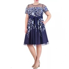 Eliza J Womens Dress Size 10P Blue Floral Embroidered Mesh Illusion Neckline New