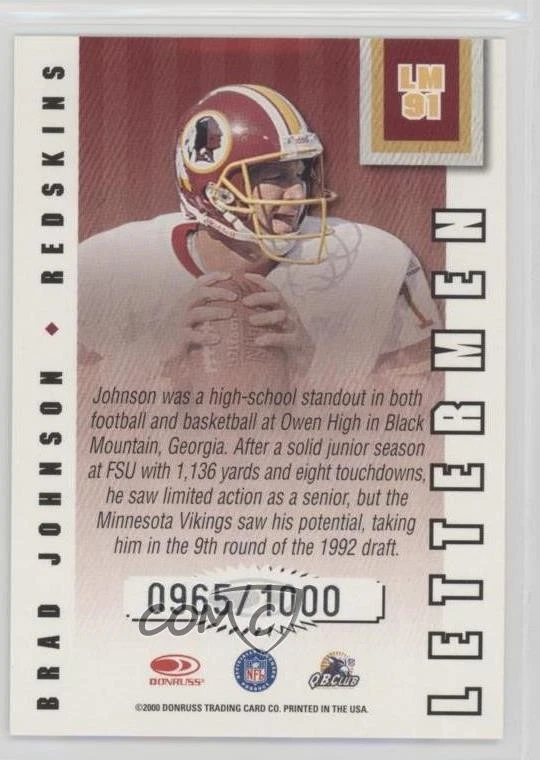 2000 Donruss Preferred QBC Lettermen /1000 Brad Johnson #LM91 - Image 2 of 2
