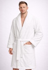 Terry Towelling Bathrobe Cotton Shawl Collar Dressing Gown Men Women Adult White