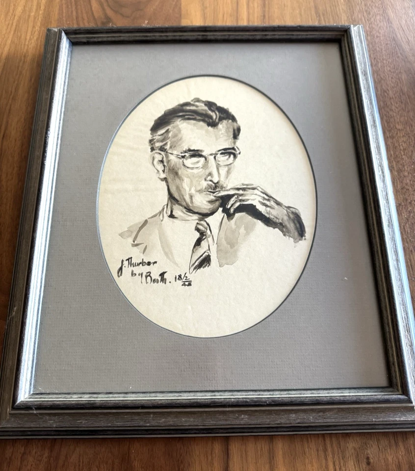Retrato en acuarela James Thurber 1948 - arte de autor neoyorquino - cabina firmada Foto 3 de 4