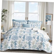 Coastal Bedding Size Coastal Quilt with 2 Shams, Nautical Beach Queen Seahorse
