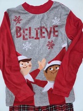 I Believe Boys Two Piece Pajama Set Size Medium Red Black Plaid Elf On Shelf EUC