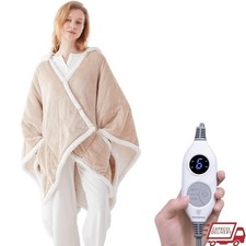 Wearable Heated Poncho Blanket Electric Throw W/ Deep Pockets Cozy Comfort Beige