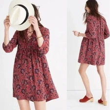 Madewell Silk Lace-Up Assam Floral Dress in Rust Red XS