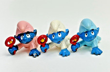 Smurfs BABY SMURF FIGURES w/Rattle Lot of 3 BLUE PINK WHITE PAJAMAS 1984 PEYO