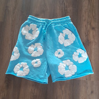 DENIM TEARS Men's Sweat Shorts S Blue/White Floral Drawstring Cotton Knit Logo