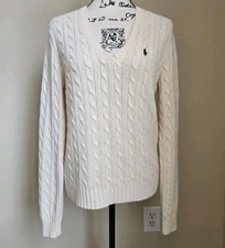 Ralph Lauren Sport cable knit sweater womens Small cream v neck cotton pullover