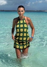 ZARA Green Brown Yellow Crochet Short Dress Size M Large Bnwt Halter Neck