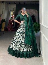 TRADITIONAL STYLE TUSSAR SILK GREEN LEHENGA CHOLI WITH DUPATTA FOR PARTY WEAR