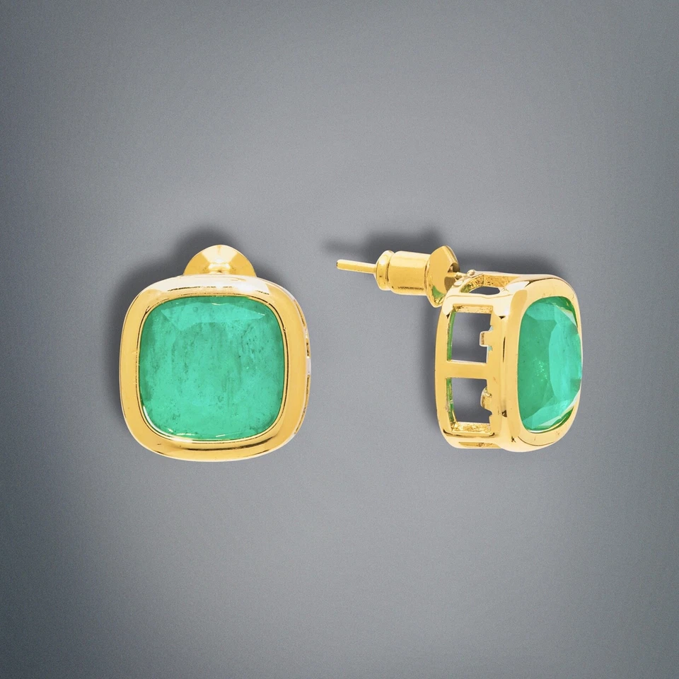 Aretes unisex de oro amarillo de 18k Vermeil, esmeraldas naturales Foto 4 de 4