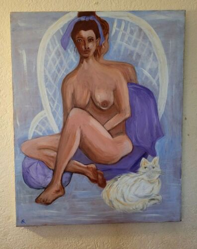 Nude Woman w/Cat; Signed Painting; Fredrik Canvas; Wall Hanging; 30" by 24"; ART - Afbeelding 1 van 12