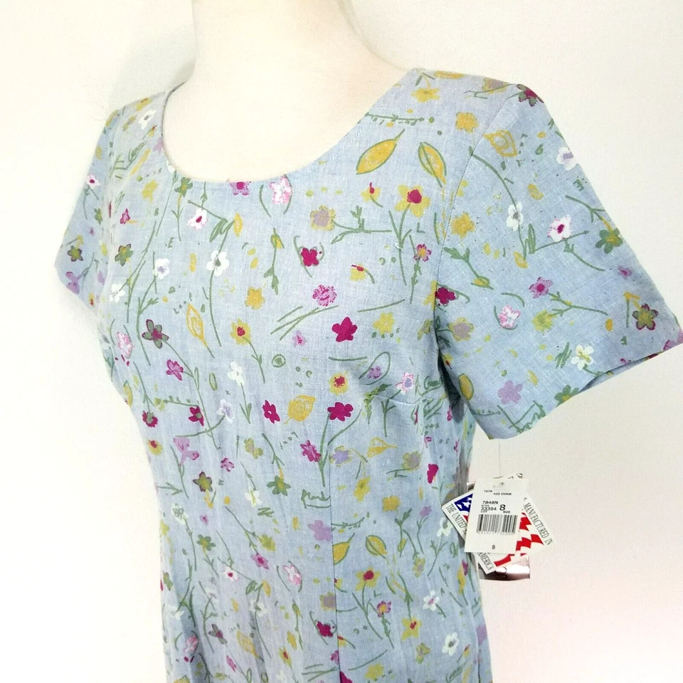 Vtg 80s 90s CAROL ANDERSON Blue Multi Linen Blend Floral Maxi Dress Size 8 NWD * - Image 2 of 4