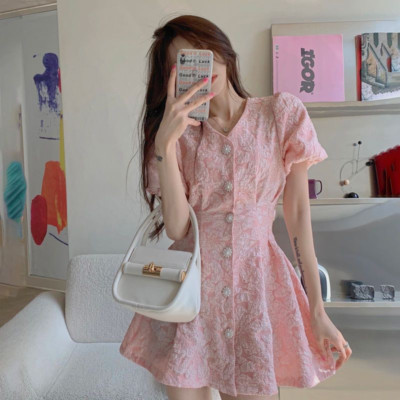 Women's Dress New Three-dimensional Relief V-neck Bubble Sleeve Backless Dress