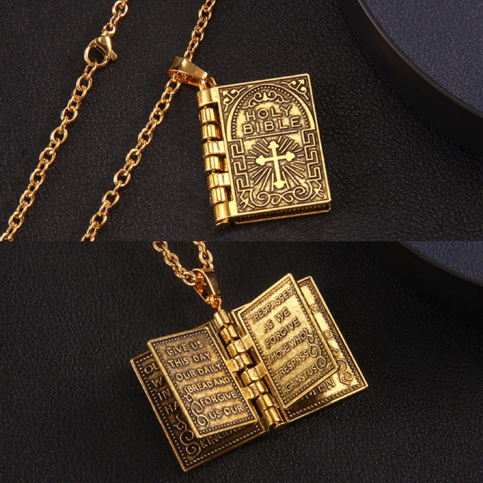 Gold Holy Bible Pendant Lord's Prayer Necklace Catholic Jewelry Chain ...