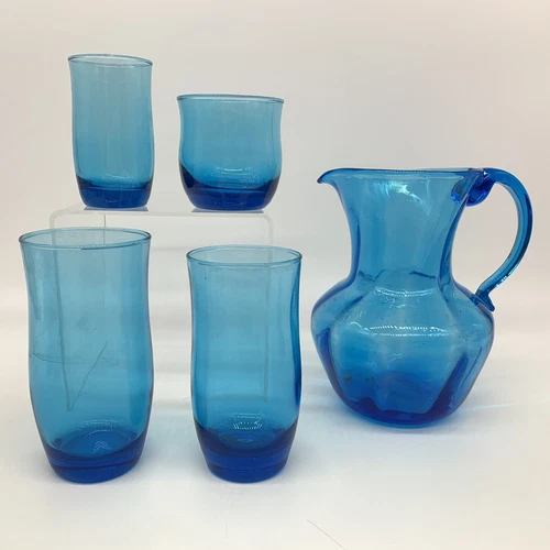Set of 12 VTG MCM Anchor Hocking (?) Laser Blue Glass Flair Tumblers & Pitcher