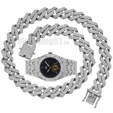 HIP HOP SILVER PLATED LUXURY RAPPER METAL WATCH ICED CUBAN CHAIN NECKLACE SET