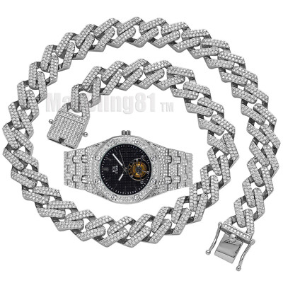 HIP HOP SILVER PLATED LUXURY RAPPER METAL WATCH & ICED CUBAN CHAIN ...