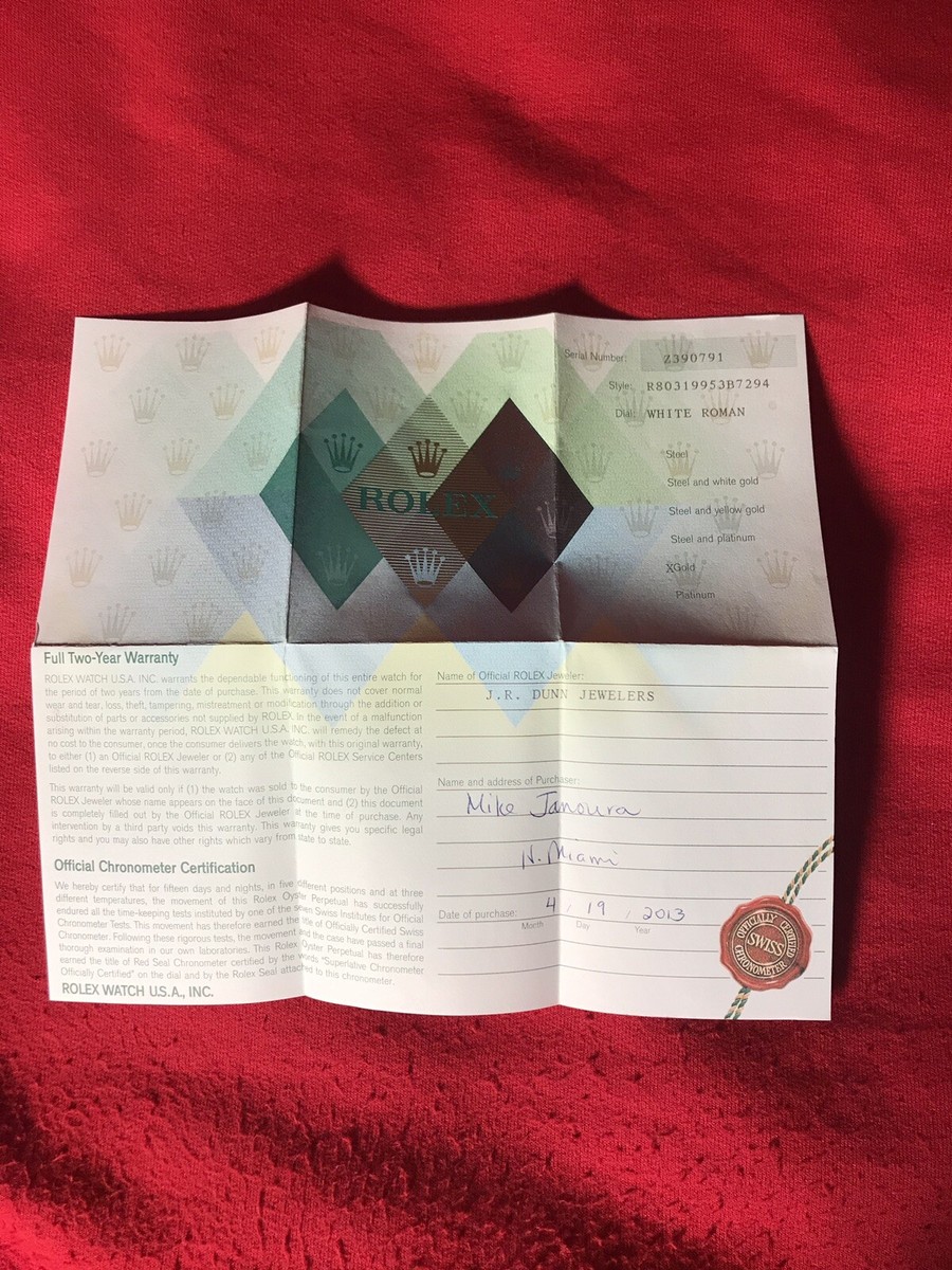 Rolex Certificate Guarantee Warranty For a Z serial Pearlmaster