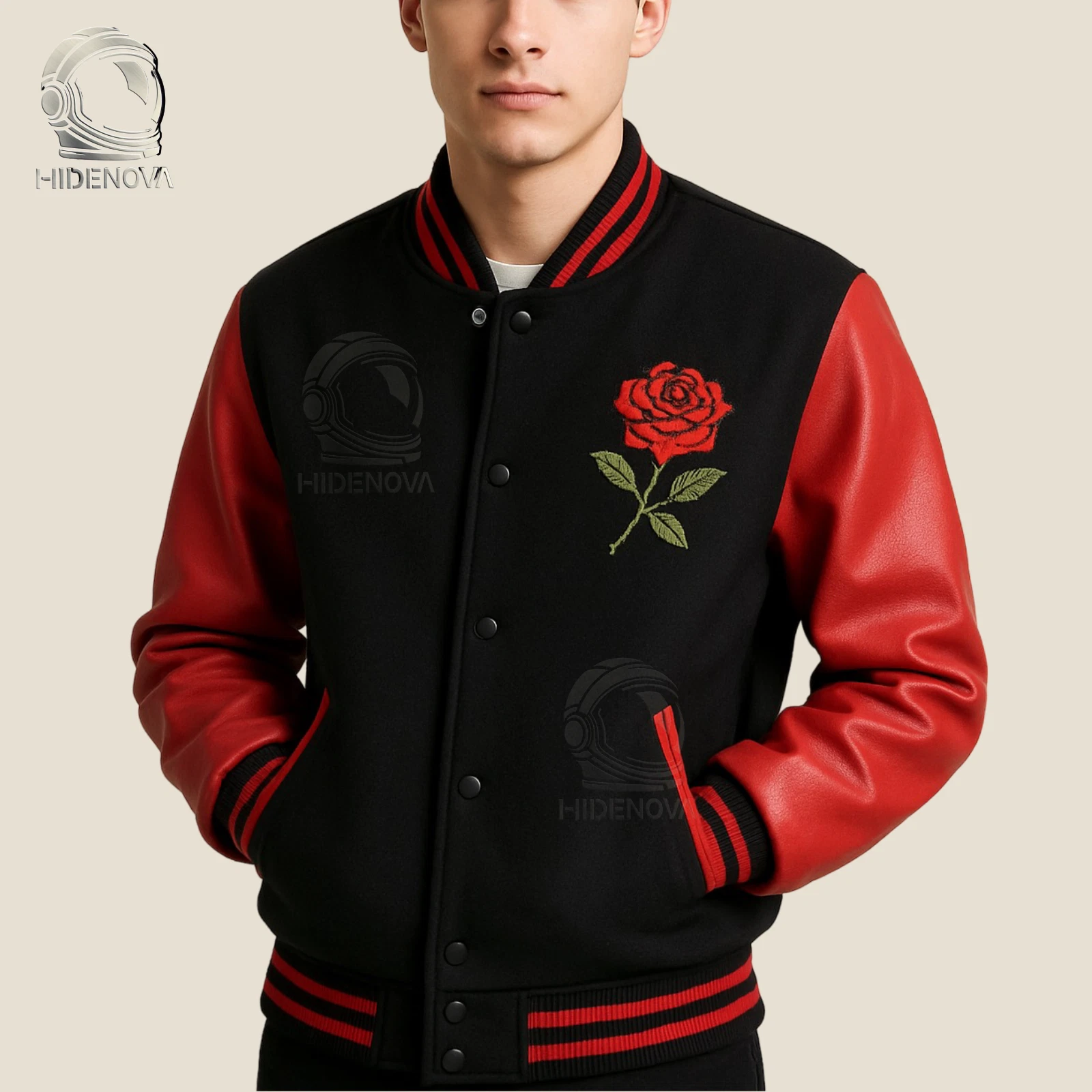 Men's Red & Black Varsity Jacket with Rose Embroidery in Streetwear Bomber Style