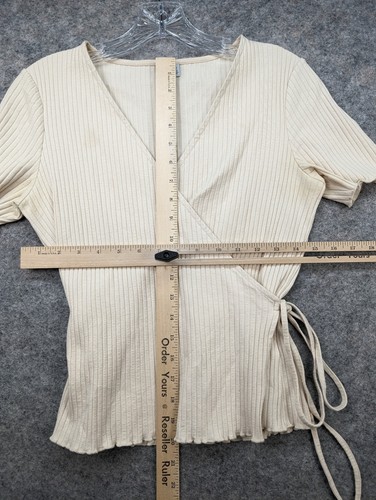 Paris Atelier Damen-Top kleine beige Krawatte kurzärmelig vorgefertigte gerippte Strick - Bild 6 von 8